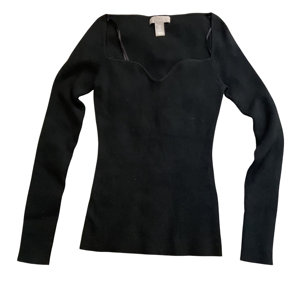 HM Womens‎ Black Ribbed Sweetheart Neckline Long Sleeve Top Size XS